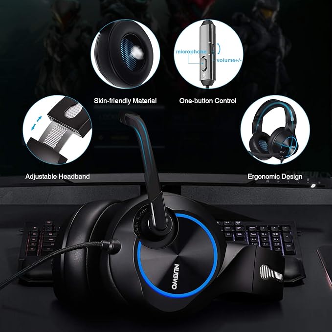 Gaming Headset with Mic for Xbox One PS4 PS5 PC Switch Tablet Smartphone, Headphones Stereo Over Ear Bass 3.5mm Microphone Noise Canceling 7 LED Light Soft Memory Earmuffs(Free Adapter)