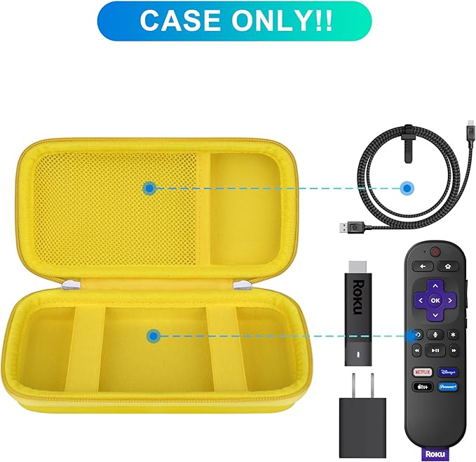 BOVKE Hard Case for Roku Voice Remote Controller, Roku Streaming Stick+ / 4K, Roku Remote Case for Roku TV Steaming Stick 3820R/ 3821R/3941R, Extra Mesh Pocket for Adapters, Cables, Yellow