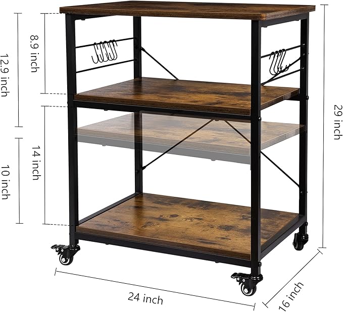 AHB 24" Kitchen Cart with 4 Smooth Wheels and 10 Hooks, 3-Tier Microwave Stand Rolling Bakers Rack Coffee Cart Shelf Organizer for Living Room Decoration