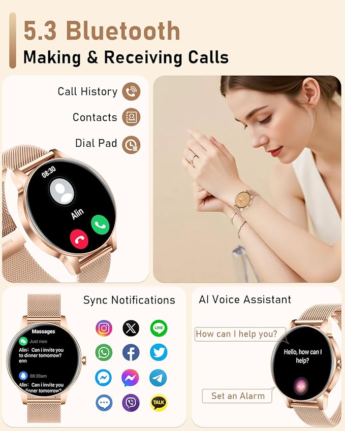 Smart Watch for Women, Answer/Make Call,1.27'' Touchscreen, 120+ Sports Fitness Tracker, 24H Heart Rate/SpO2/Sleep/Menstrual Cycle/IP68 Fitness Watch for Android iOS, 4 Straps (Rose Gold)