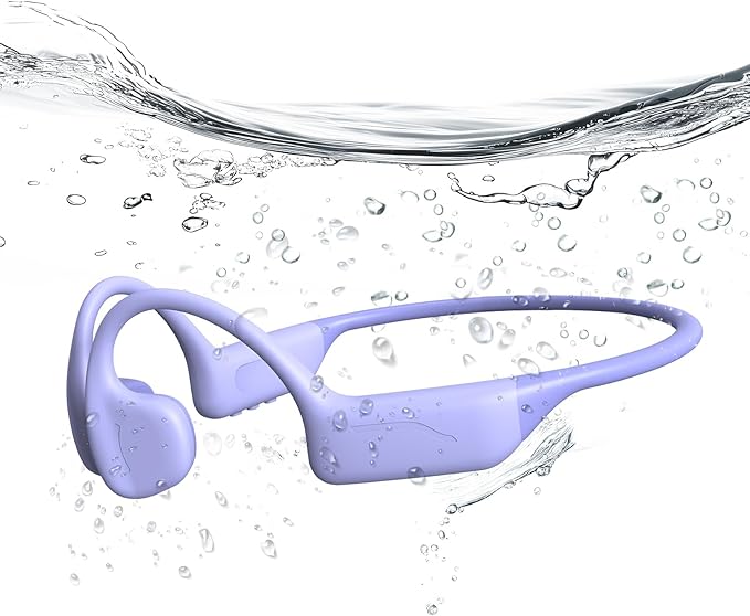 Swimming Headphones IP68 Waterproof, Open Ear Bone Conduction Underwater Headphones Bluetooth 5.4& MP3 with 32GB Memory Card, Soft/Skin/Lightweight Sound Swim Earbuds-SurfAudio(Purple