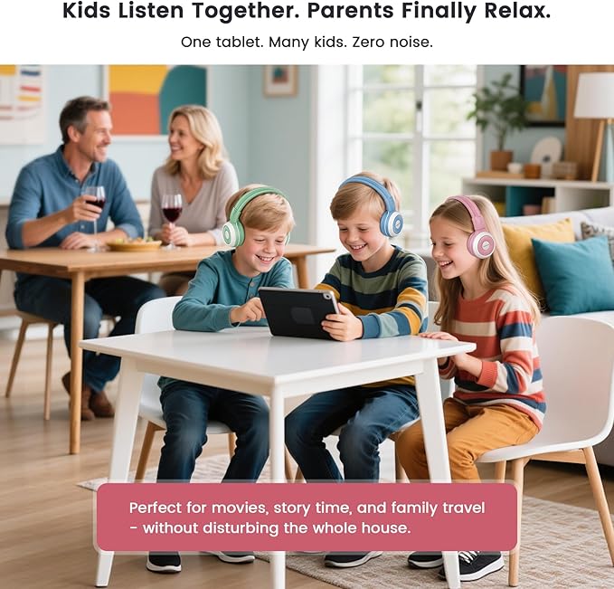 SIMOLIO Kids Bluetooth Headphones with Auracast Audio Sharing for Group Listening - Stream from One Bluetooth Device to Multiple Headphones, Foldable with Mic for School, Travel & Online Learning