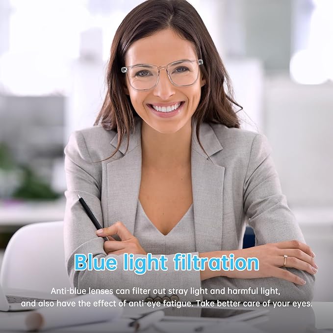 Smart Glasses for Women, Clear Frame Blue Light Glasses, Magnetic Charging, Open-Ear Design, Voice Assistant, Bluetooth Glasses with Speakers, Audio Eyeglasses for Working Gaming (GS03-C)