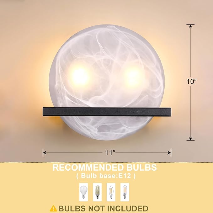 2 Light 10" Round Frosted Glass Bathroom Wall Sconce Modern Concise Style Wall Light Fixture,Black Finish for Bedroom Hallway Bedside