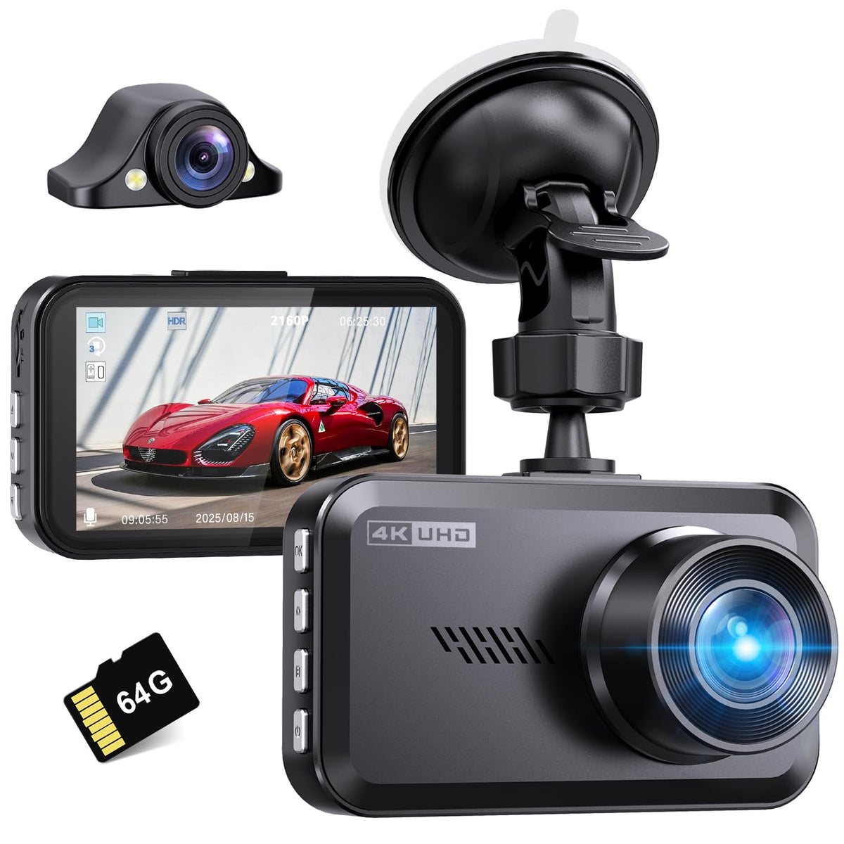 Miden 4K+2.5K Dash Cam Front and Rear,Free 64G SD Card,2160P+1600P UHD Dual Dash Camera for Cars,176°+160°Wide Angle,3.5 ''IPS Screen Dashcam,Loop Recording,G-Sensor,Night Vision,24H Parking Monitor