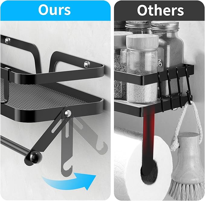 YIGII Wall Mounted Paper Towel Holder with Shelf, 2-in-1 Wall Mount Paper Towel Roll Holder, Adhesive Spice Rack with 4 Hooks for Kitchen, Garage and Tool Room, Black