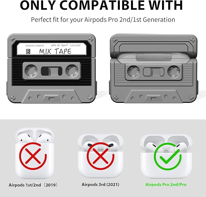 AirPods Pro 2 Case Cover, KOREDA Funny Cassette Tape Design Case for Airpods Pro 2nd Generation/1st Generation (2023/2022/2019), Cute Cartoon Fashion Silicone Protective Case for Women Men (Black)