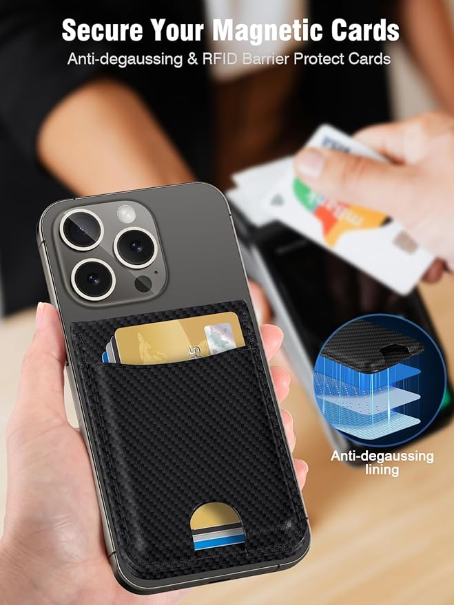 TopMade for MagSafe Wallet with Adjustable Stand, Magnetic Phone Card Holder for iPhone 17/16/15/14/13/12 Series, Leather RFID Blocking Wallet, ID Window, 6 Cards Holder, Carbon Fiber Black