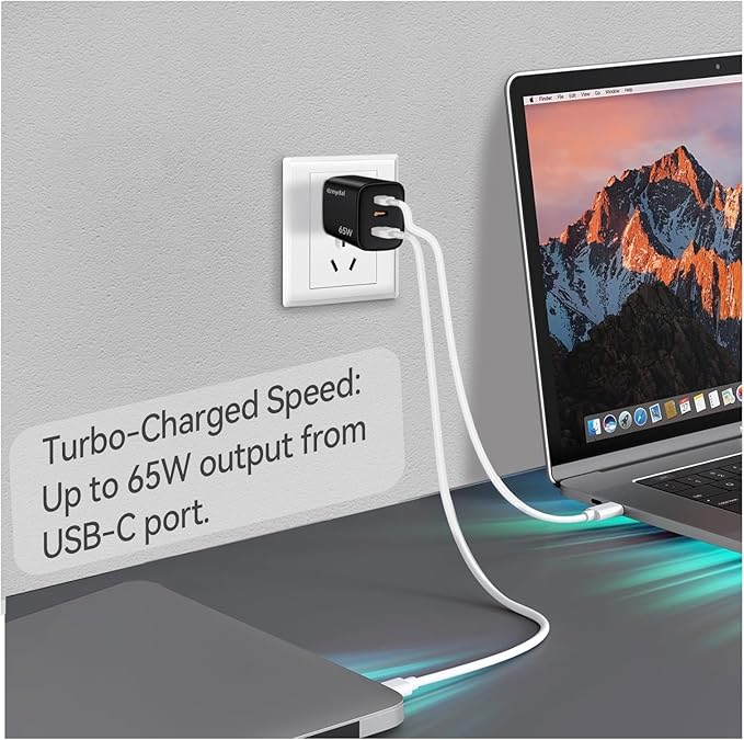 65W GaN USB-C Fast Charger Block with Dual USB-C & USB-A Ports, Compact Power Adapter for MacBook, iPad, iPhone, Galaxy, and More Black