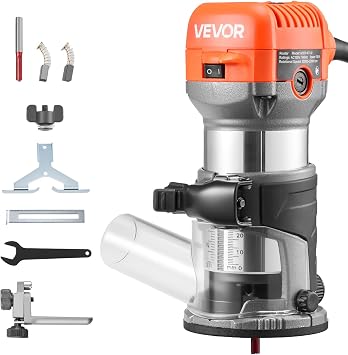 VEVOR Wood Router, 1 HP 710W, Variable Speed Palm Router Tool with Soft Start, Compact Wood Edge Trimmer with Fixed Base & 1/4-Inch Collet, Dust Hood, for Woodworking, Trimming, DIY Projects, Corded