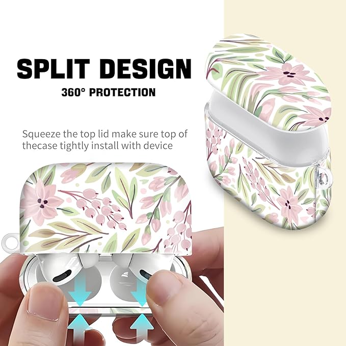 Compatible with AirPod Pro 2nd//1st Generation Case Cover with Key Chain,Full Protective Shockproof Wireless Headphone Case for Airpod Pro 2023/2022/2019（Pink Flowers）