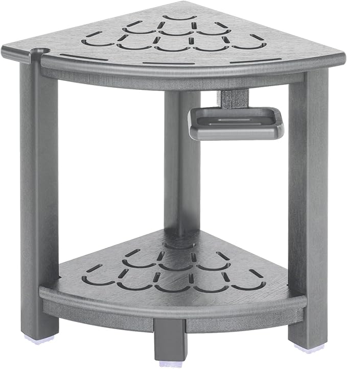 NALONE Corner Shower Stool, HDPE Shower Bench for Inside Shower, Small Shower Chair Seat for Shaving Legs with Storage Shelf, Soap Box and No-Slip Feet (Grey)