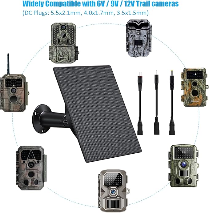 Zivif 5W Trail Camera Solar Panel, 10400mAh Built-in Battery, Adjustable 6V/9V/12V Output, DC Plugs 5.5x2.1mm 4.0x1.7mm 3.5x1.35mm, IP66 Waterproof, 360° Mount, 9.8ft Cable
