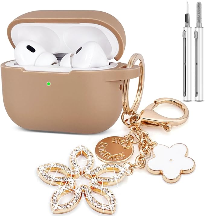 Compatible with AirPods Pro 2nd Generation Case with Cleaner Kit, Silicone Protective Case for Apple AirPod Pro 2nd/1st Earbuds Wireless Charging Cases with Bling Keychain (Milk Tea)