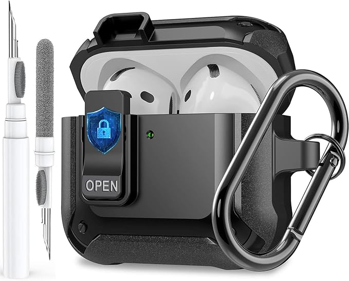 for Airpods 4 Case with Lock Clid, Rugged Apple Airpods 4th Generation Cover 2024 Men Women, Armor Shockproof iPod 4 Gen Protective Hard Shell with Carabiner&Cleaner kit, Black