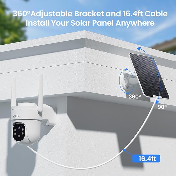 6W Solar Panel for Security Camera Outdoor, 5V Type-C Solar Panel, Compatible with Rechargeable Battery and Type-C Camera, 360° Adjustable Bracket, IP66 Waterproof, 16.4ft(5M) Cable