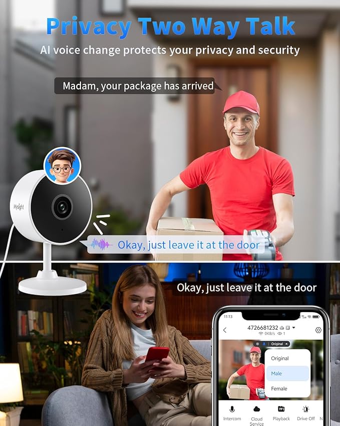 2K Indoor Security Camera for Home Security, AI Voice Change for 2-Way Talk, Motion Detection, Night Vision, 24/7 SD Recording/Cloud Storage, WiFi Home Camera (White)