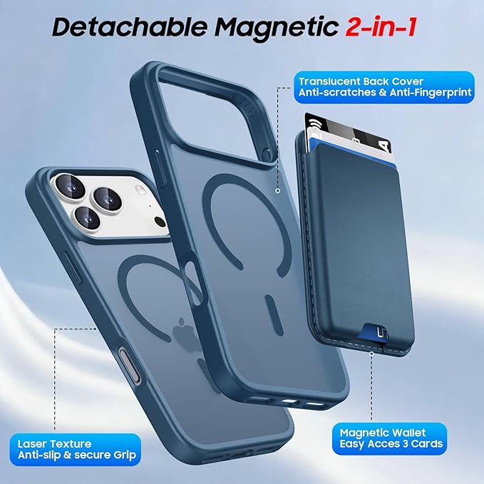 Magnetic for iPhone 17 Pro Case with Detachable Wallet, Compatible with MagSafe, Credit Card Holder with Slim Shockproof Protective Phone Cover, Deep Blue