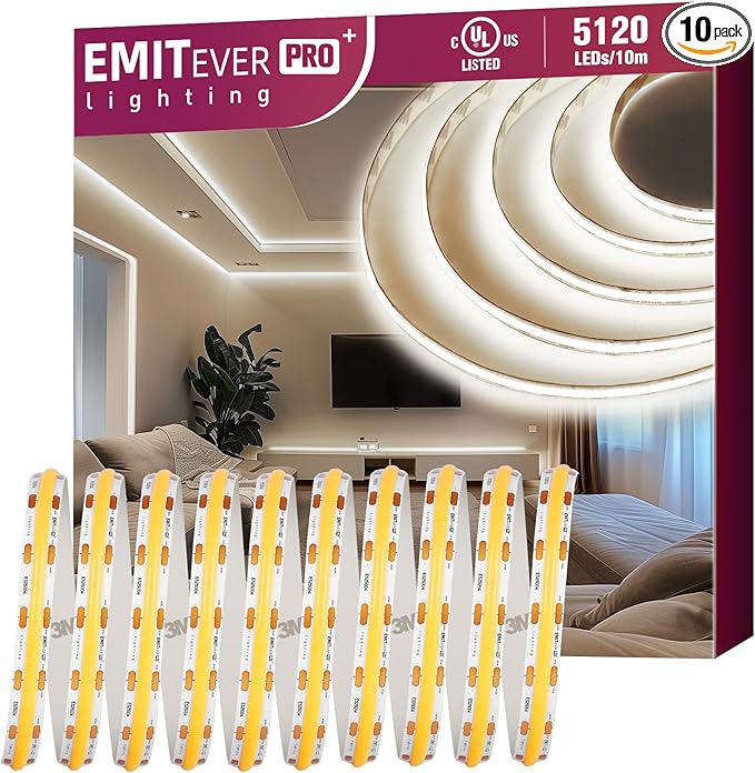 EMITEVER COB LED Strip Lights White, 4000K Tape Light Premium High Density, DC 24V, 400+Lumens/ft, 5120LEDs/Spool, Ra 90+, 32.8ft/10m,UL Listed 5 Year After-Service(Power Supply Sold Separately)