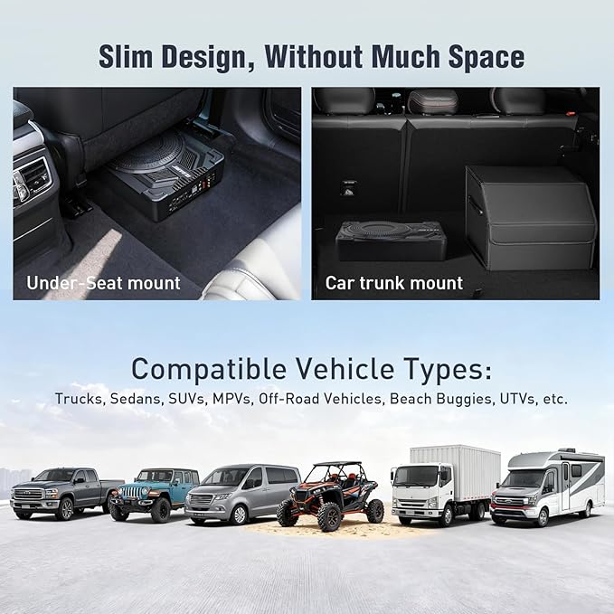 10" 1200W Under Seat Subwoofers with Amp, Class D MOSFET Amp & Efficient Heat Dissipation Design, Independent Control for Low-Pass Filter/Gain/Bass Boost, Suitable for Trucks/SUVs/Jeeps/MPVs