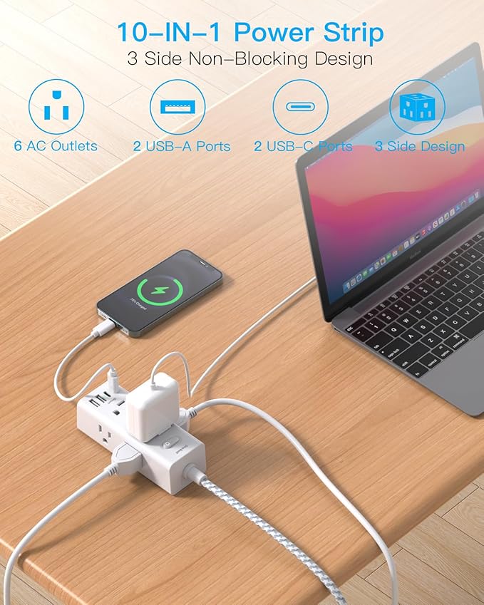 One Beat Power Strip Surge Protector - 6 Widely Outlets 4 USB Ports(2 USB C), 3 Sided Outlet Extender, 6 Ft Flat Plug Extension Cord, Wall Mount Power Strip for Home Office Travel College Dorm Room
