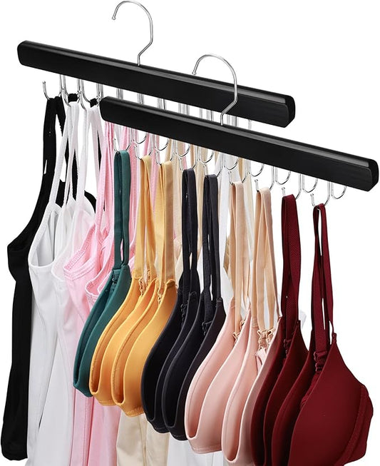 2 Pack Bra Hanger for Closet Organizer, Premium Wooden Tank Top Hangers with 40 Foldable Hooks, 360° Rotating Design, Space Saving Storage for Tank Tops, Bras, Scarves and More, Black
