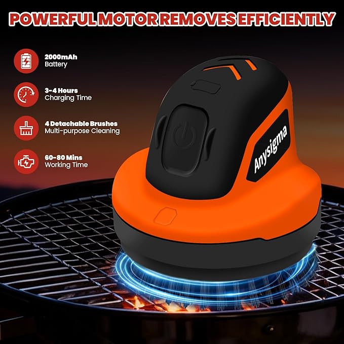 Electric Grill Brush- Waterproof Cordless Rotary Cleaning Brush with 4 Heads for Outdorr Grill,Car,Bathroom