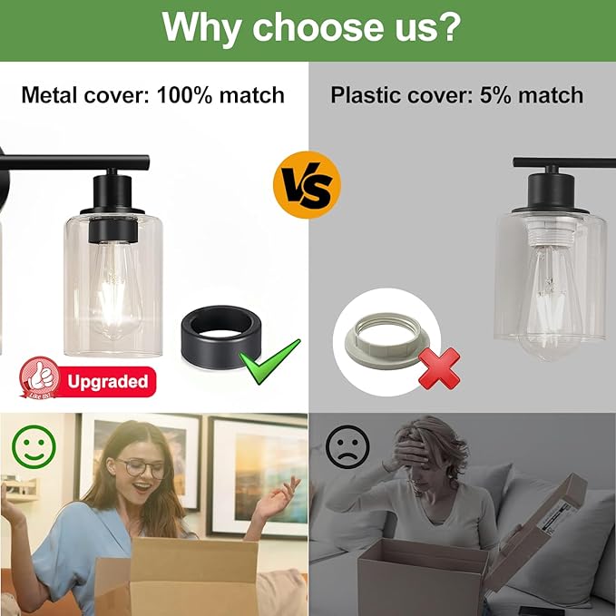 3-Light Bathroom Light Fixtures, 17.23" Black Modern Vanity Lights with Clear Glass Shade, Bathroom Wall Lamp for Mirror Kitchen Living Room Hallway Cabinet Porch