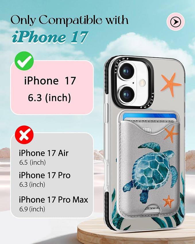 Toycamp for iPhone 17 Case - Compatible with Magsafe Credit Card Holder Wallet Magnetic Cute Women Teen Girls Kawaii Girly Unique Turtle Design Phone Cover for Apple 17 Air