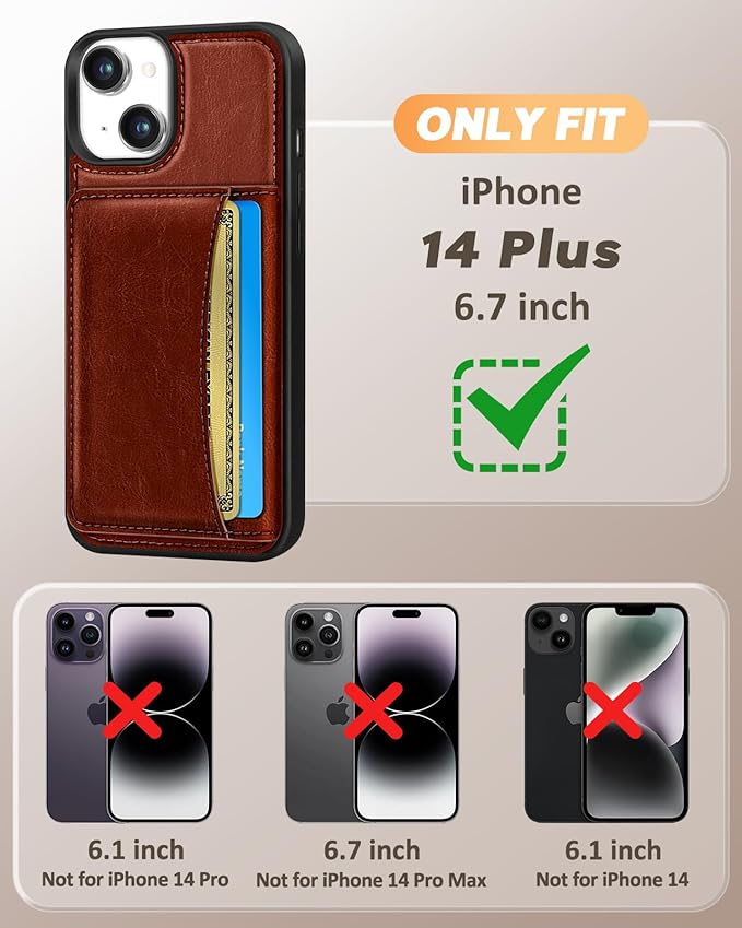 for iPhone 14 Plus Case with Wallet - Fits 4 Card Slots, Compatible with MagSafe for Women Men Durable PU Leather Credit Card Holder Kickstand Phone Cover for Apple 14 Plus, Brown