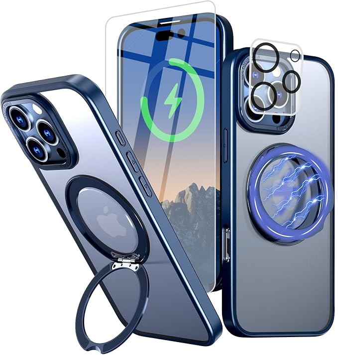 for iPhone 16 Pro Max Case with Screen Protector & Lens Protector [15 FT Military Drop Protection] Magnetic Kickstand Compatible with MagSafe Slim Translucent Case (Navy Blue)
