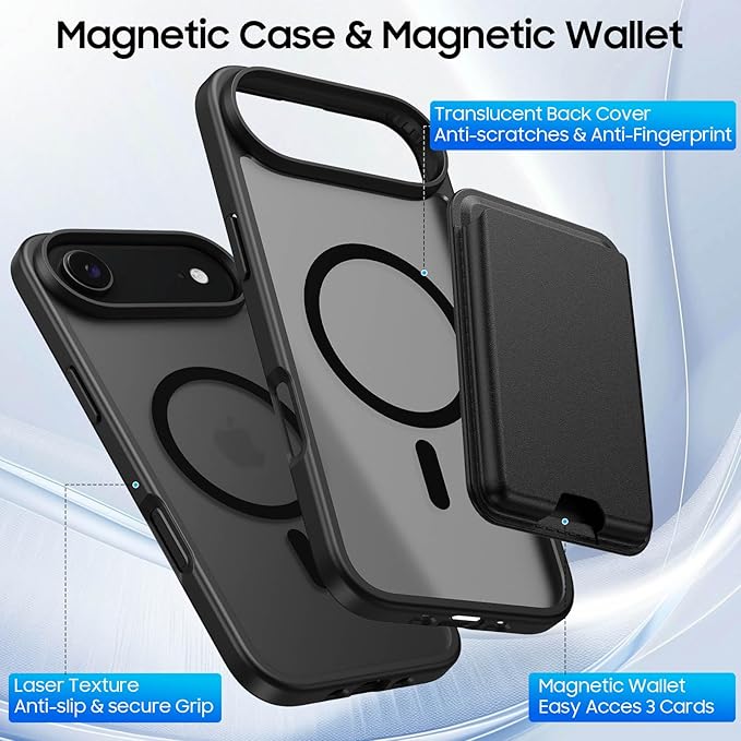 Magnetic for iPhone Air Case & iPhone 17 Air Case with Detachable Wallet, Compatible with MagSafe, Military Protective Slim Phone Cover with Card Holder, Black