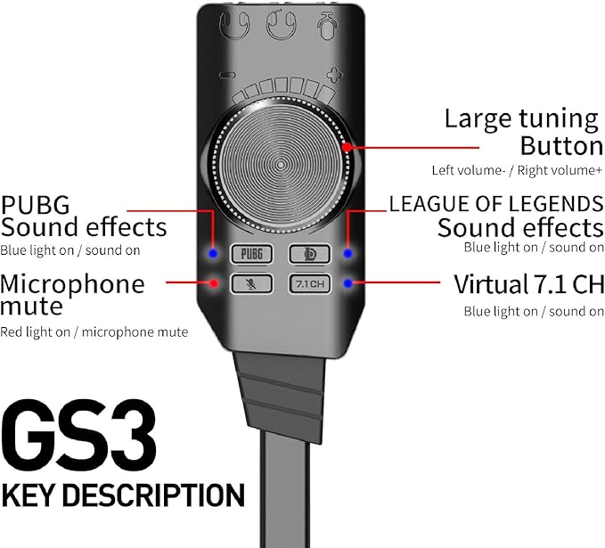 USB Sound Card with 7.1 Surround | Plug & Play for Gaming Headset, Microphone Mute Key, Compatible with Android, Switch