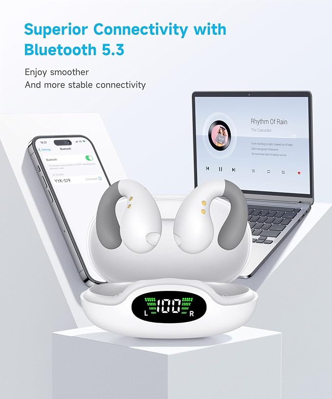Ultra Open Ear Earbuds - Ergonomic Clip-On Earbuds, Bone Conduction Over-The-Ear Headphones with Waterproof Design and Secure Fit for Small Ears, Ivory White
