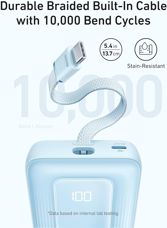 10000mAh 30W Portable Charger Power Bank with USB-C Fast Charging for iPhone and Android White