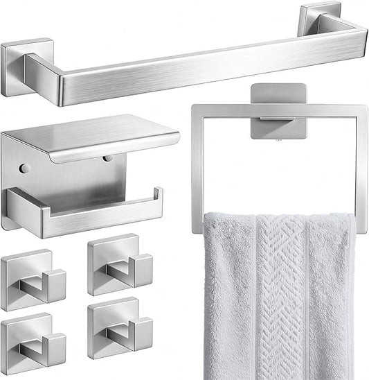 Brushed Nickel Bathroom Accessories Hardware Set, 7-Pieces Stainless Steel Towel Racks for Bathroom, 16 Inch Towel Bar, Towel Holders, Updated Toilet Paper Holder with Shelf Wall Mounted