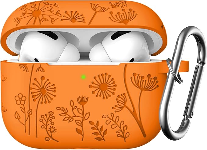 Lerobo Flower Engraved Cover for Airpod Pro 2/Pro Case Cover, Cute Soft Silicone Skin Full Protective case for Airpods Pro 2nd Generation/1st Generation with Keychain Orange