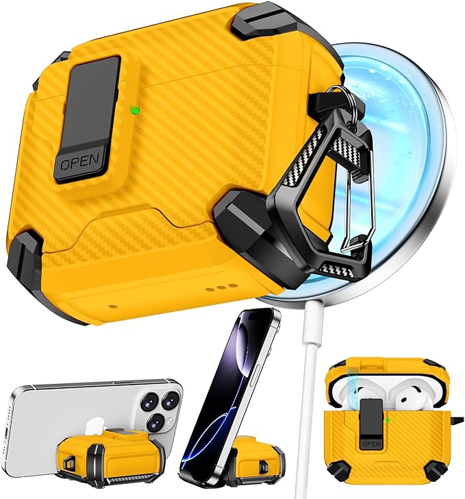 Compatible with AirPods 4 Case,Magnetic Automatic Lock with Phone Stand & Cleaning Kit,Compatible with Magsafe,Carbon Fiber Texture Cover -Yellow