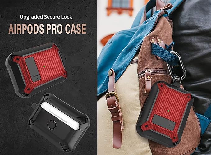 for Airpods Pro 3 Case with Lock Clip, Rugged Apple Airpods Pro 3rd Generation Cover 2025 Men Women, Armor Shockproof iPod Pro3 Gen Protective Hard Shell with Carabiner&Cleaner kit,CF Black/Red