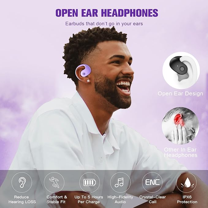 Purple Out of Ear Open Ear Headphones Wireless Ear Hanging Bluetooth Headset, Air Bone Conduction Open Ear Earbuds, OWS Over the Ear Earbuds Open Ear Buds Not In Ear Outside the Ear Headphones