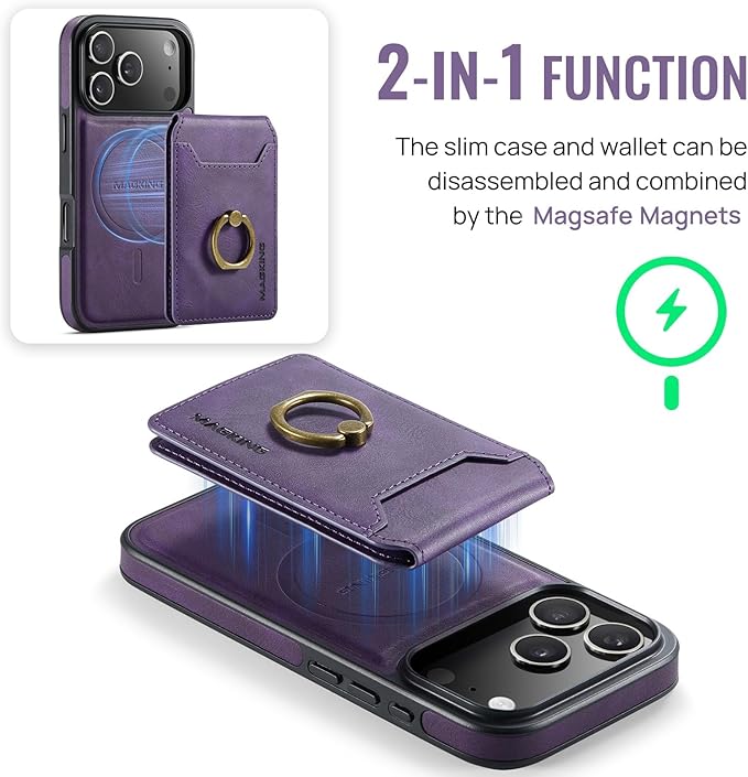 Wallet Case for iPhone 17 Pro, 2 in 1 Strong Magnetic Detachable, Shockproof Phone Case Compatible with MagSafe, Slim Leather Wallet RFID Blocking 5-Card Holder Ring Grip Stand (Purple)