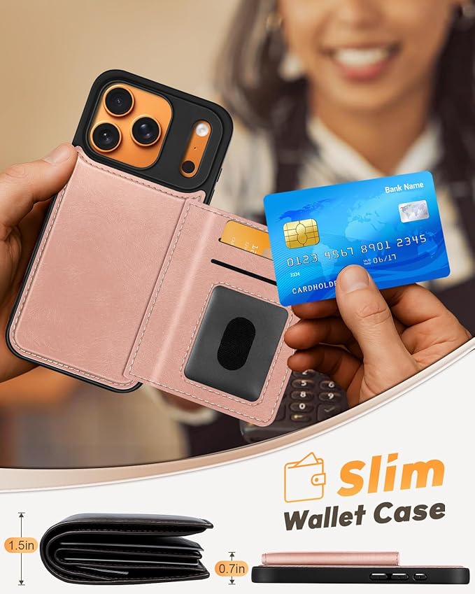 for iPhone 17 Pro Max Case with Wallet - Fits 4 Card Slots, Compatible with MagSafe for Women Aesthetic PU Leather Credit Card Holder Kickstand Phone Cover for Apple 17 Promax, Rose Gold