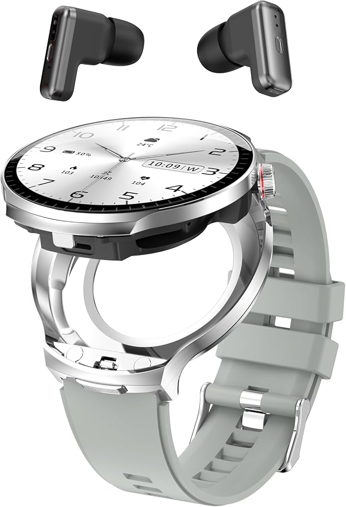 Smart Watch with Earbuds, 1.85" HD Display, IP67 Waterproof, 100 Sports Modes, Bluetooth Calling, Heart Rate Monitor, Round, Activity Tracker