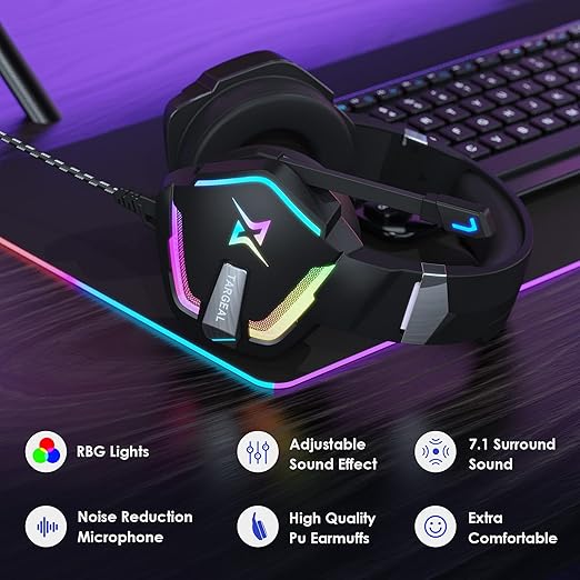 targeal 7.1 Surround Sound PC Gaming Headset for PS5 PS4 Laptop Mac Tablet Mobile, Over Ear Wired USB Gaming Headphone with Omni-Directional Noise Canceling Mic, RGB LED, with Type C Cable