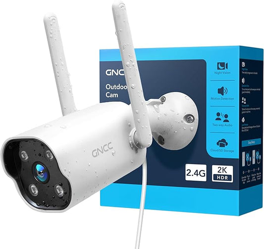GNCC Security Camera Outdoor, 2K Cameras for Home Security, Color Night Vision, Motion Detection, 2-Way Audio, 24/7 Recording, Cloud & SD Card Storage, IP65 Waterproof, 2.4GHz WiFi, White