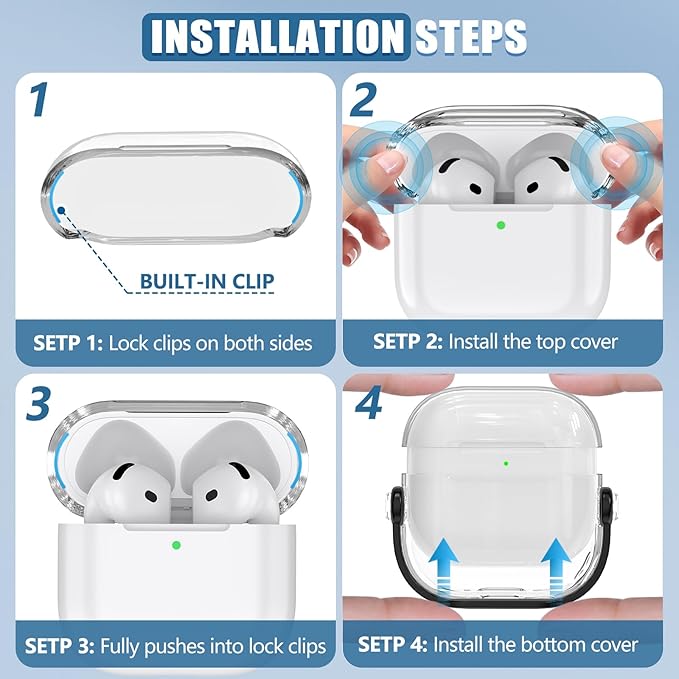 Safety Lock for Airpods 4 Case,TPU Clear Case for Apple Airpods 4 Case 2024 USB-C with Cleaner Kit, Drop Protection Airpods 4 Case Cover for Men for Women with Lock and Keychain, Clear+Black