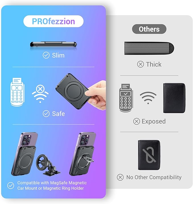 PROfezzion Double Sided Magnetic Phone Wallet, RFID Blocking Snap-on Hard Shell Card Holder 4-Cards Designed for MagSafe Compatible with iPhone 17 16 15 14 13 12 Pro Max Plus & MagSafe Case - Black