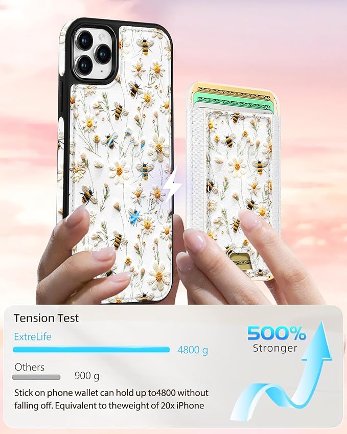 Shorogyt for iPhone 11 Pro Max Wallet Case - Fits 5 Cards, Compatible with Magsafe Detachable Magnetic Credit Card Holder Leather Cardholder Cute Phone Cover Women Girl for Apple 11 ProMax, Bee Flower
