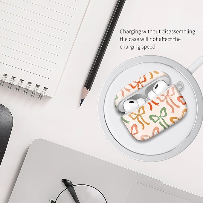 Compatible with Airpod pro 2nd/1st Generation Case Cover with Gold Round Keychain Cute Pattern Hard & Anti Slip Cover for Men Women & Girls（Colored Bow）