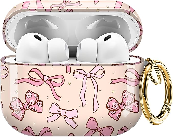 Case for AirPod Pro 3 Shock-Proof Protective Hard Case with Golden Keychain Compatible with Apple Airpods Pro 3rd Generation 2025 (Beige Pink Bow)